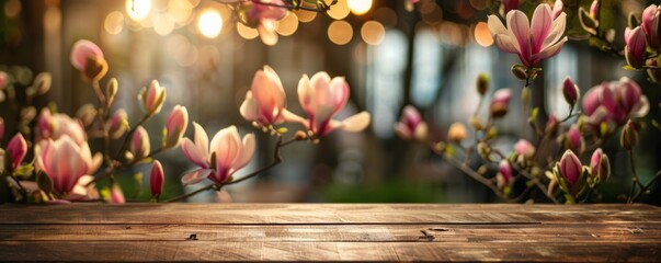 Enchanting magnolia blooms on wooden surface