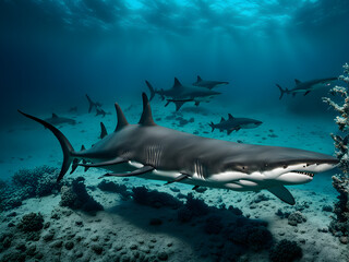 Sharks on the seabed, beautiful underwater scenery, underwater creatures and environmental...