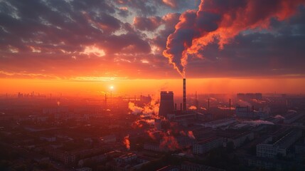 Fototapeta premium Industrial sunset: cityscape with pollution