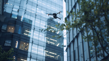 Drone Flying Between Modern Office Buildings