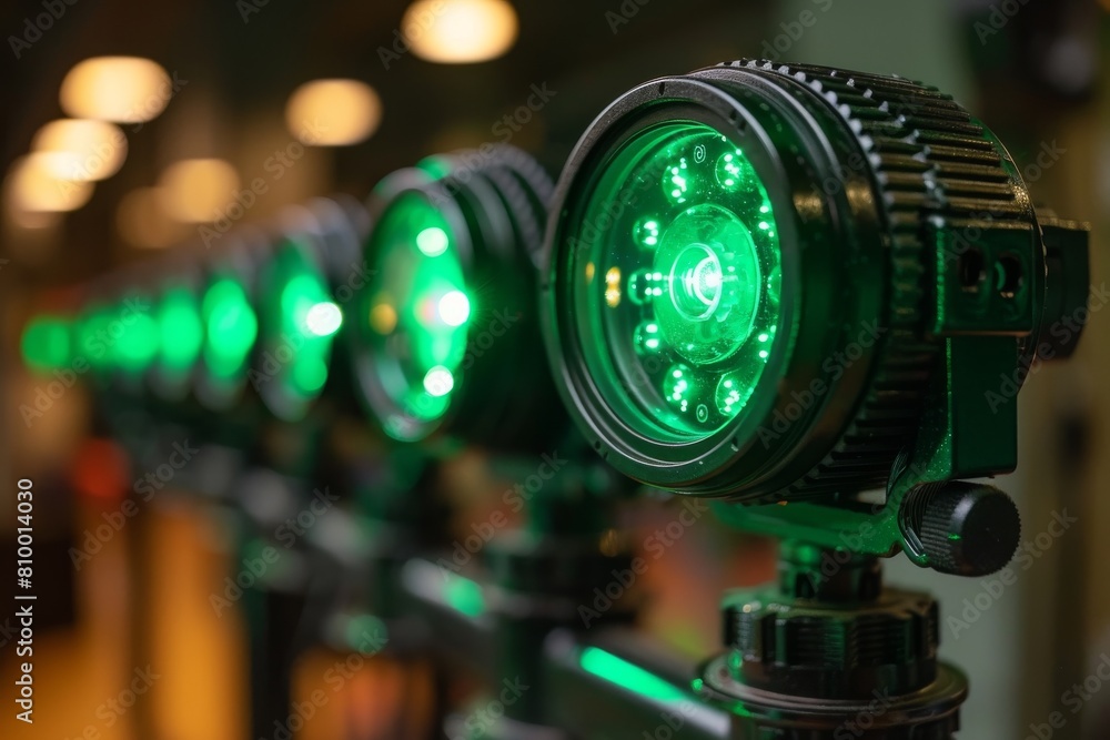 Aufkleber a close-up view of multiple green stage lights installed in a row, providing intense illumination