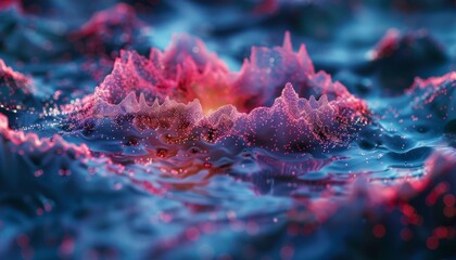 Futuristic holographic wilderness in wireframe with green and pink hues. Quantum core pulses with energy, surrounded by data streams and abstract patterns.