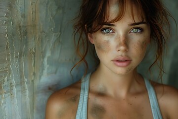 Beautiful young woman with freckles on her face and wet hair
