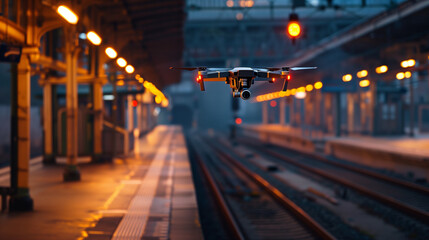 Drone Operating Over Misty Train Platform at Dawn