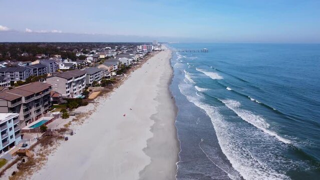 Surfside Beach South Carolina Aerial 4k Cinematic View, Clear Sunny Day, USA.
