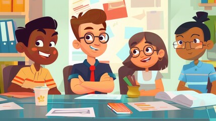 Four animated characters engaged in a friendly team meeting, surrounded by colorful office elements.