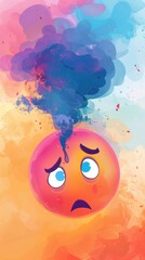 Fototapeta premium Colorful smoke bomb explosion over sad emoji illustration
