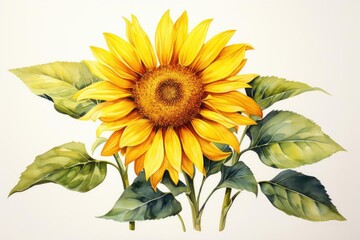 Naklejka premium Capture the intricate details of a vibrant, dew-kissed sunflower from a worms-eye view Render it in a realistic watercolor style for a fresh, organic feel