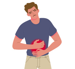 Man holds his stomach with both hands, healthcare. Problems with intestines or digestion. Unhealthy diet and junk food, poisoning. Abdomen pain concept. Flat vector illustration