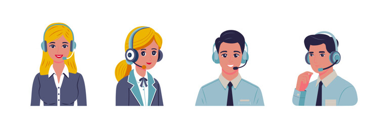 Technical support template concept flat design icon. Hotline. Online Chat, Woman and man with headphones. Vector