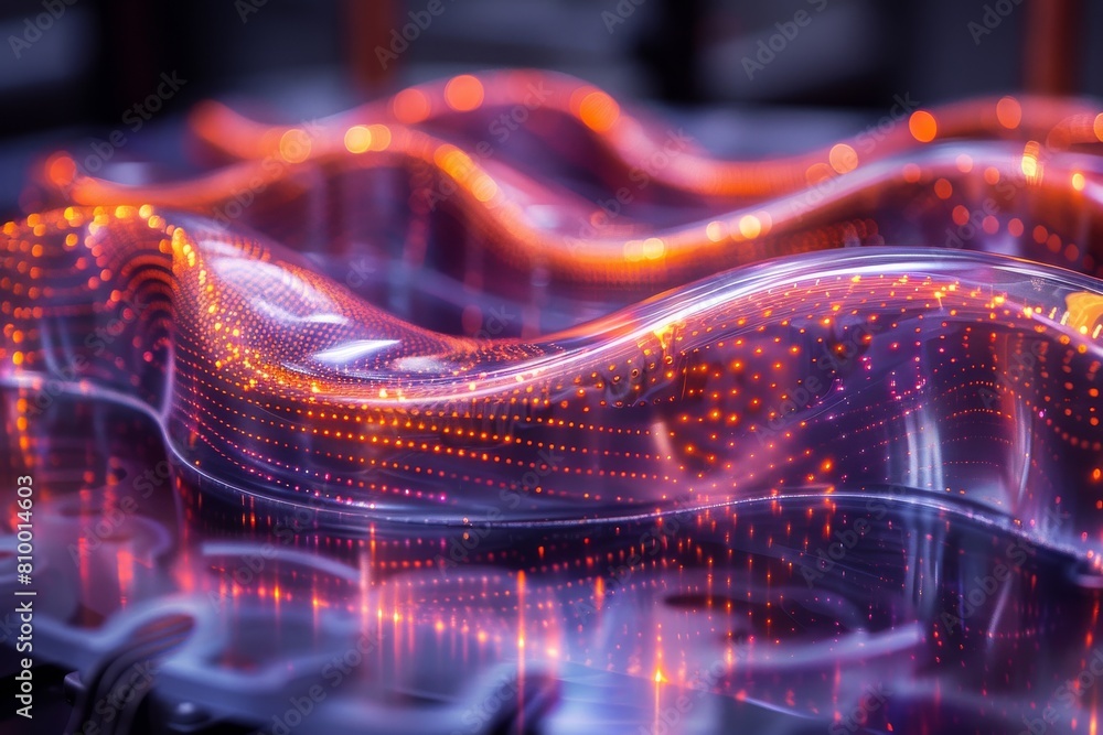 Poster this image visualizes a ripple wave-like pattern illuminated by orange digital lights evoking a sens