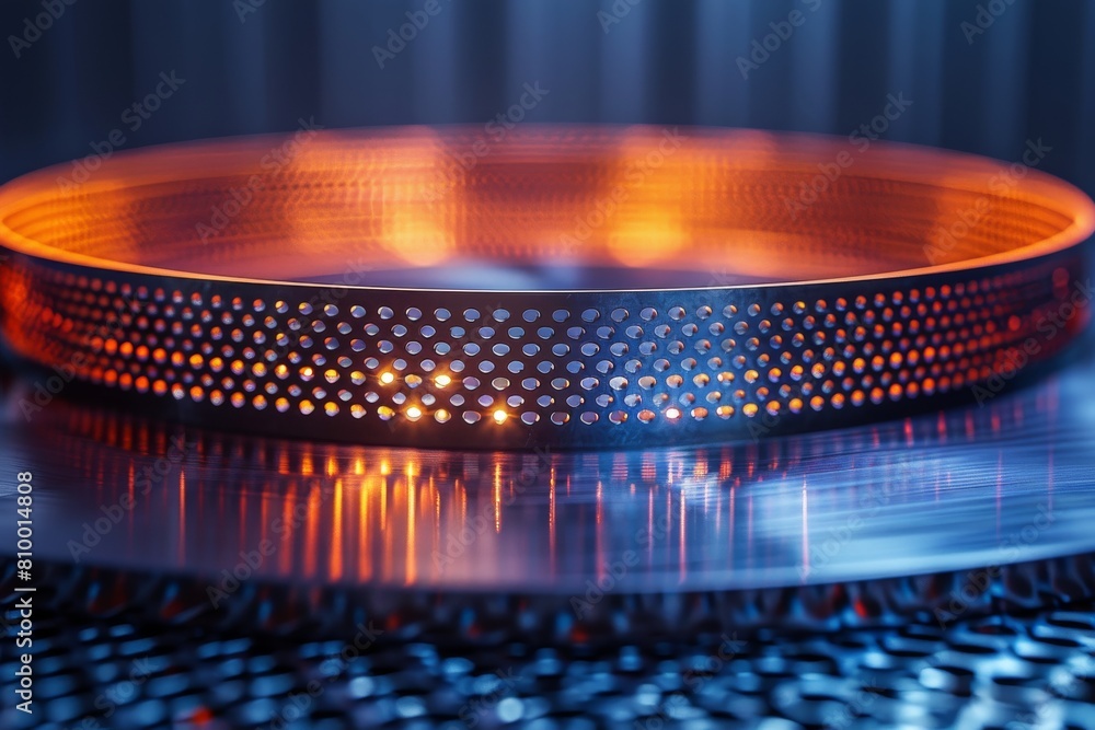 Poster a mesmerizing image capturing a circular pattern of orange light reflections on a metallic dotted su