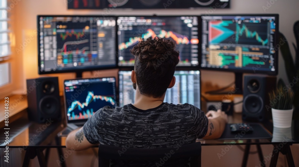 Poster A person is focused on analyzing graphs and data across multiple monitors in a well-equipped home trading setup.
