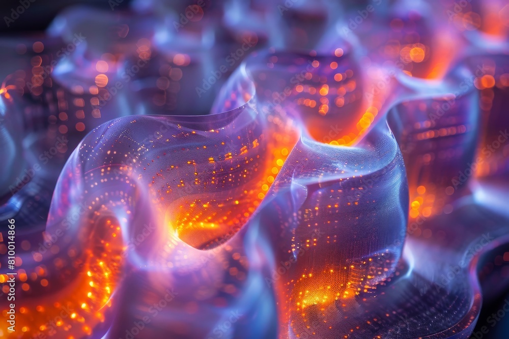 Poster dynamic and flowing neon light shapes creating a sense of movement against a patterned, abstract bac