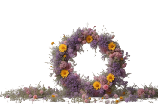 Wreath frame made with wild flowers isolated on transparent background