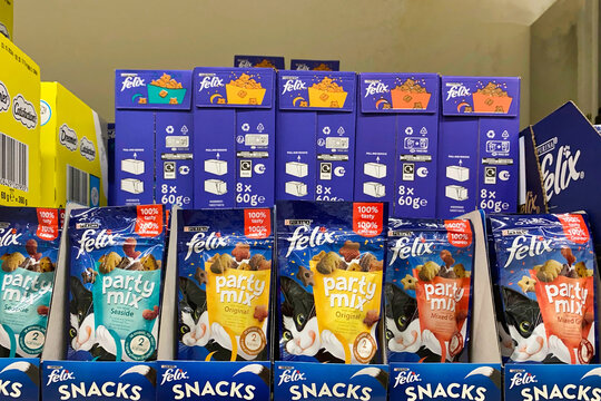 Kyiv, Ukraine, October 14, 2023: - Felix snacks wet food for cats on supermarket showcase in boxes for sale.