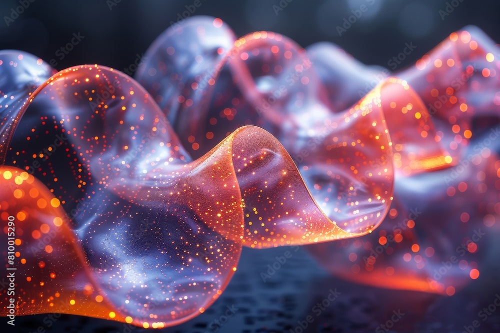 Poster a captivating image of a blue wave surface adorned with particles of red light, suggesting vibrancy 