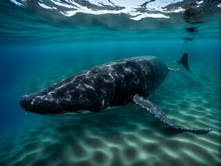 A whale at the bottom of the sea, beautiful underwater scenery, underwater creatures and environmental protection, underwater photography, extreme sports