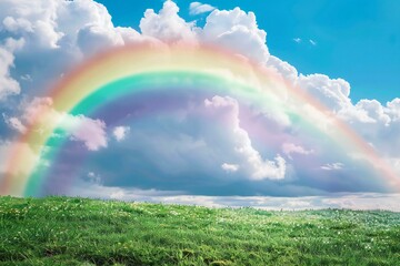 Green meadow under blue sky with clouds and rainbow,  Nature background
