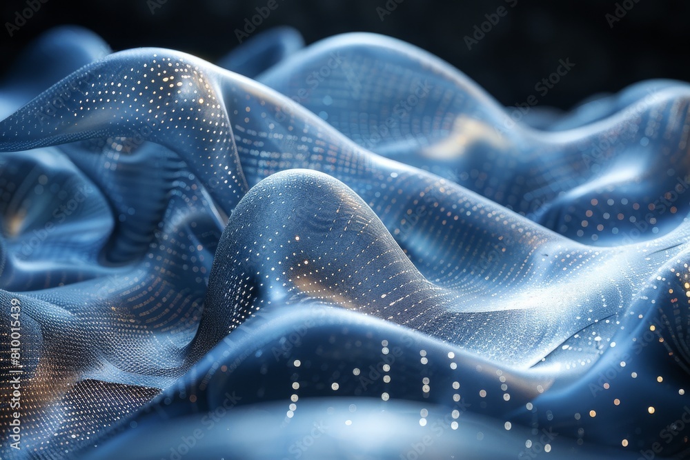 Poster a close-up of a smoothly undulating blue fabric surface embedded with twinkling lights for a serene 