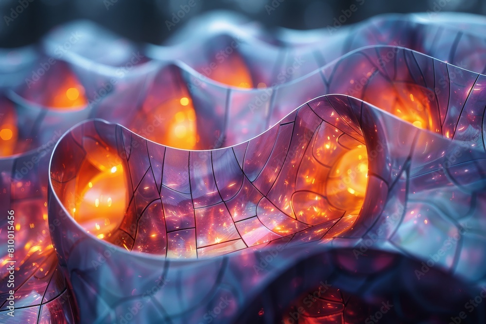 Poster a mesmerizing image capturing the flowing forms and radiant colors of abstract waves with glowing ce
