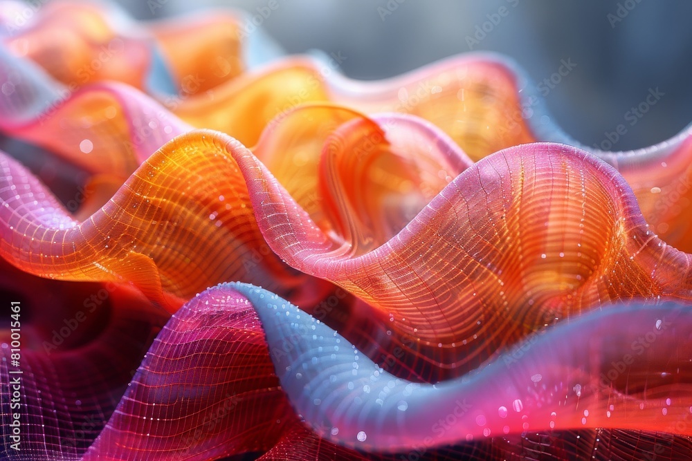 Poster a macro shot captures the intricate weave of a colorful undulating fabric, blending art and textile 