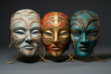 Three colorful face mask. Face traditional art tourism souvenir. Generate Ai