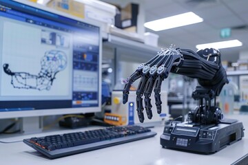 Fototapeta premium A computer monitor displays a 3D model of a robotic hand