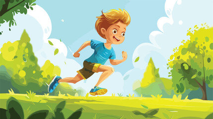 Kid boy jogging a marathon race Vector style 