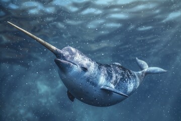 A majestic narwhal swimming gracefully in the ocean. Perfect for marine wildlife concepts - obrazy, fototapety, plakaty