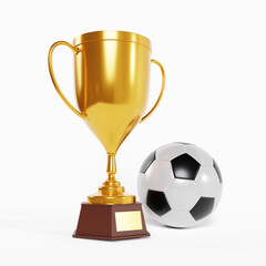 Soccer ball and gold trophy cup isolated on white background. 3d-rendering