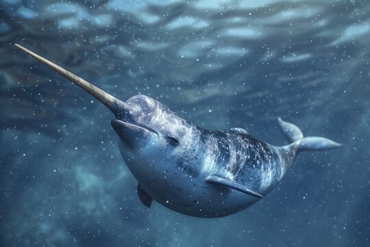 A majestic narwhal swimming gracefully in the ocean. Perfect for marine wildlife concepts
