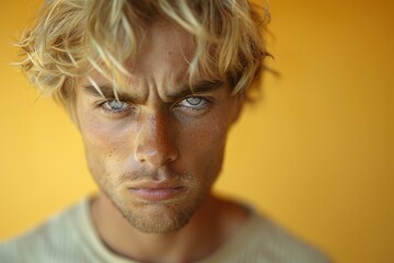 Portrait of a handsome young man with blond hair and freckles