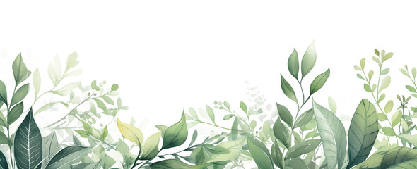 Watercolor spring greenery illustration. A fresh and airy spring or summer design element. This hand-painted watercolor illustration features a border of soft green leaves on white background