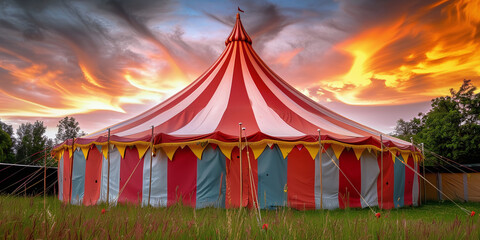 photography of colorful white and red circus tent on a sunset