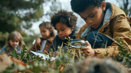 Diverse group of school children with teacher on field trip in nature exploring with magnifying glasses and notepads in hand, Learning science concept.