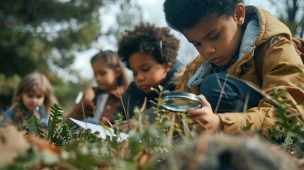 Diverse group of school children with teacher on field trip in nature exploring with magnifying glasses and notepads in hand, Learning science concept. - Powered by Adobe