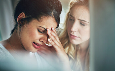 Depression, crying and business people by computer in office with comfort for training, pressure or deadline fail. Stress, anxiety or manager with support for sad intern for job, dismissal or mistake