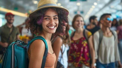 Fototapeta premium Happy multiethnic friends with bags at an airport leaving for a vacation trip. summer travel, journey concept