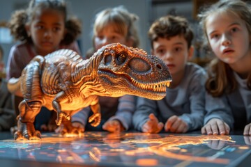Kids are engrossed by a detailed, glowing dinosaur toy on an interactive game board