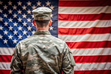 a soldier in uniform stands in front of an american flag, Memorial Day, Independence Day Background and Banner