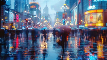 A busy city street with people walking and holding umbrellas