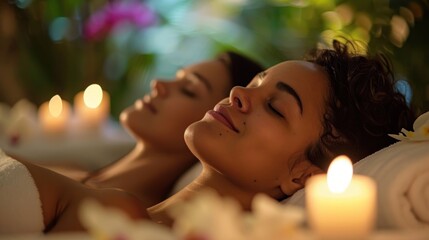 Fototapeta premium Two women are laying down on a bed with candles lit around them