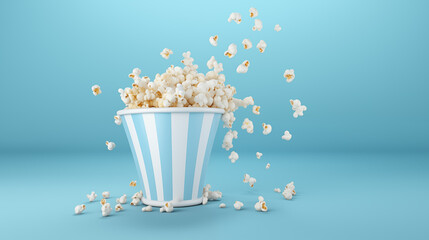 Popcorn cardboard bucket with blue and whit stripes for movie theater isolated in a soft blue background