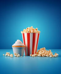 Popcorn cardboard bowl for movie theater and an icecream on a gradient blue background. Popcorn and cinema.