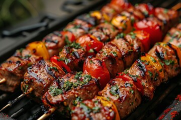 Mouth-watering close-up showcasing skewered grilled meat and vegetables, perfect for foodies