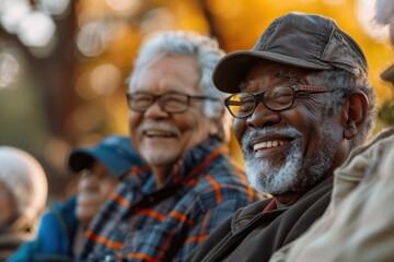 A group of older people are smiling and laughing together