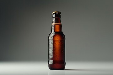 Bottle of beer with foam on a gray background,   rendering