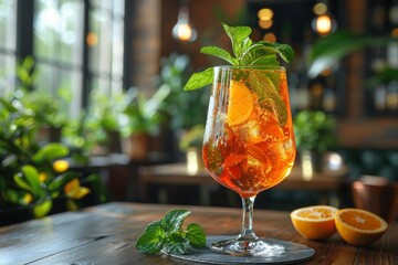A close-up view of a refreshing Aperol Spritz cocktail garnished with a slice of orange and mint leaves, embodying summer vibes and relaxation