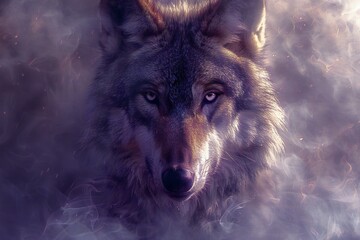 Portrait of a wolf in the smoke on a dark background